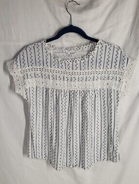 MINE Embroidered White Crochet Coastal Striped Top Size Small